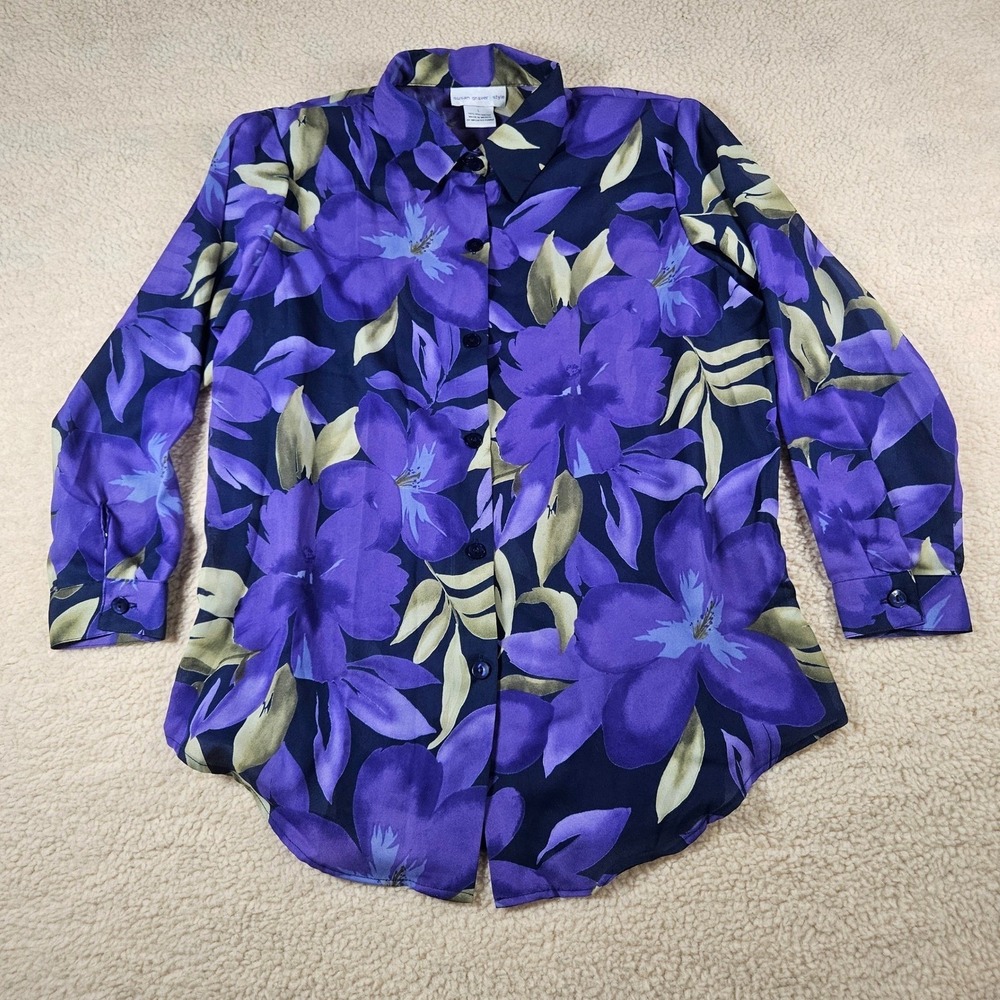 Susan Graver Style Blouse Women Large Purple Floral Button Down Long Sleeve Chic - Picture 4 of 11
